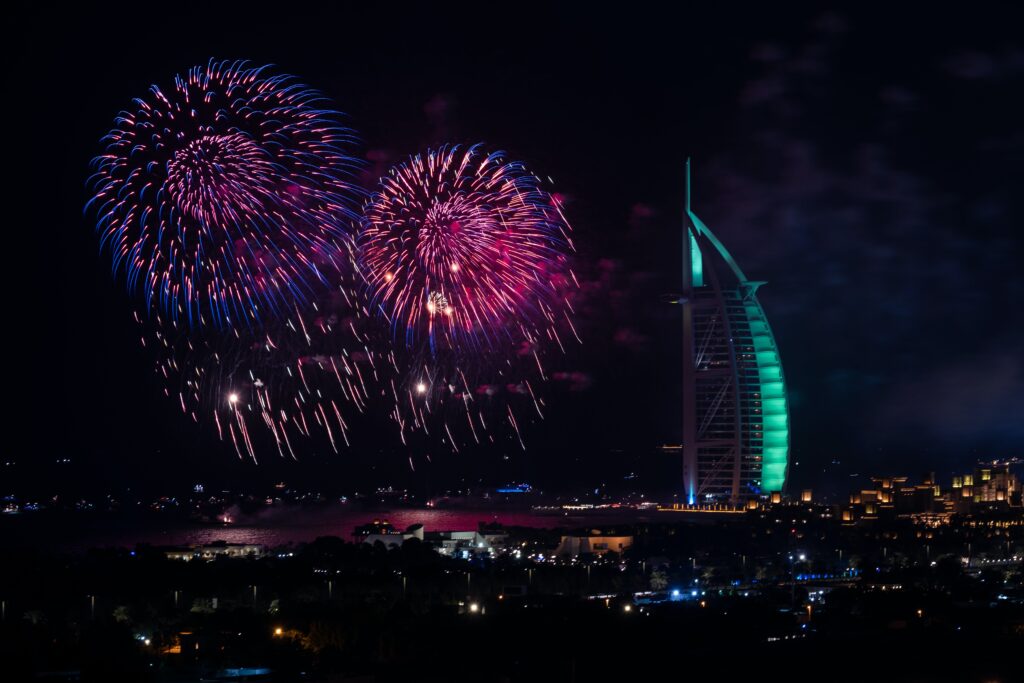 New Year festivities in Dubai include fireworks at the Burj Khalifa and a water show at the Dubai Fountain