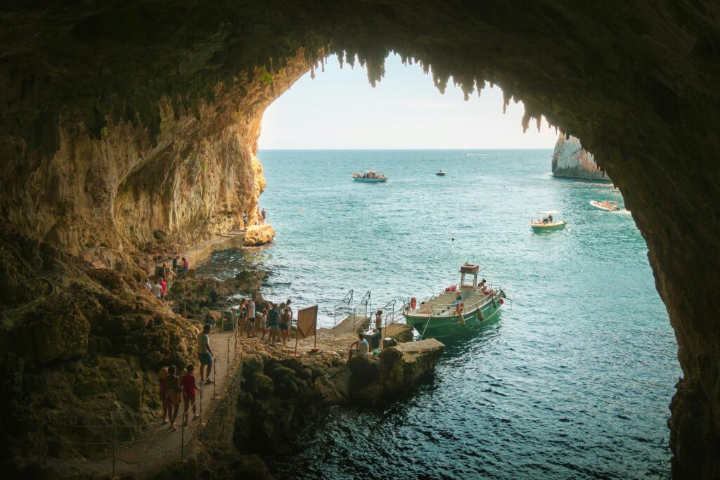 Dine inside a natural cave overlooking the Adriatic Sea at  Ristorante Grotta Palazzese in Puglia, Italy