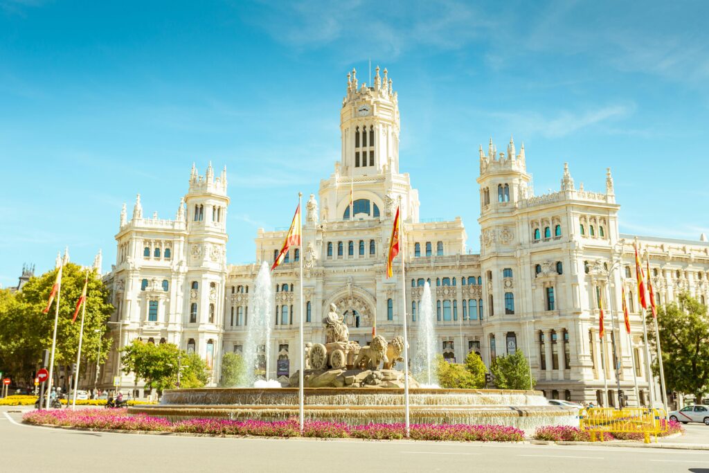 Tourist Sites and attractions in Madrid include Retiro Park, Palacio de Cibeles (City Hall), and Edificio Metrópolis